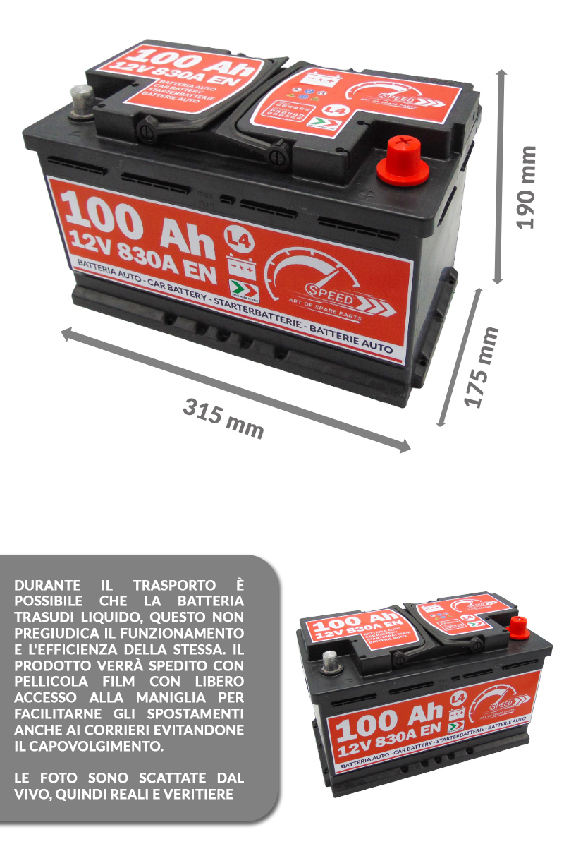 Batteria auto SPEED 100Ah L4 830A 12V 315x175x190 Ricambi auto SMC